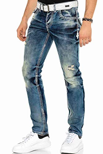 Cipo Baxx Herren Jeanshose Dicke Naht Straight Fit Denim Frayed Hose W31 L30 Blau