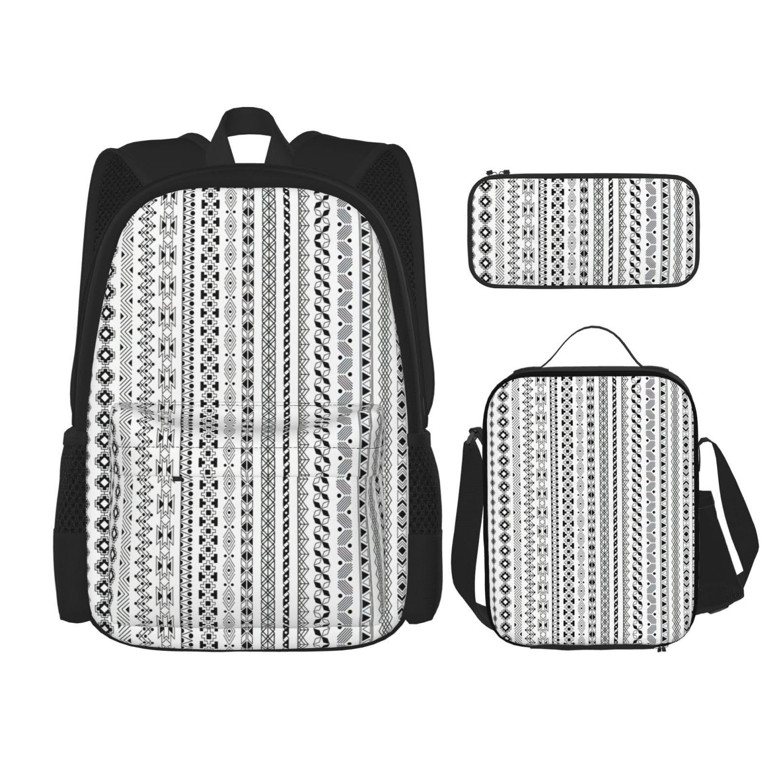 WURTON Boho-Dreieck-Streifen-Druck, 3-in-1-Sets, lässig, verstellbar, Schulter-Rucksack, Lunch-Tasche, Federmäppchen, Beutel, Schwarz, Einheitsgröße