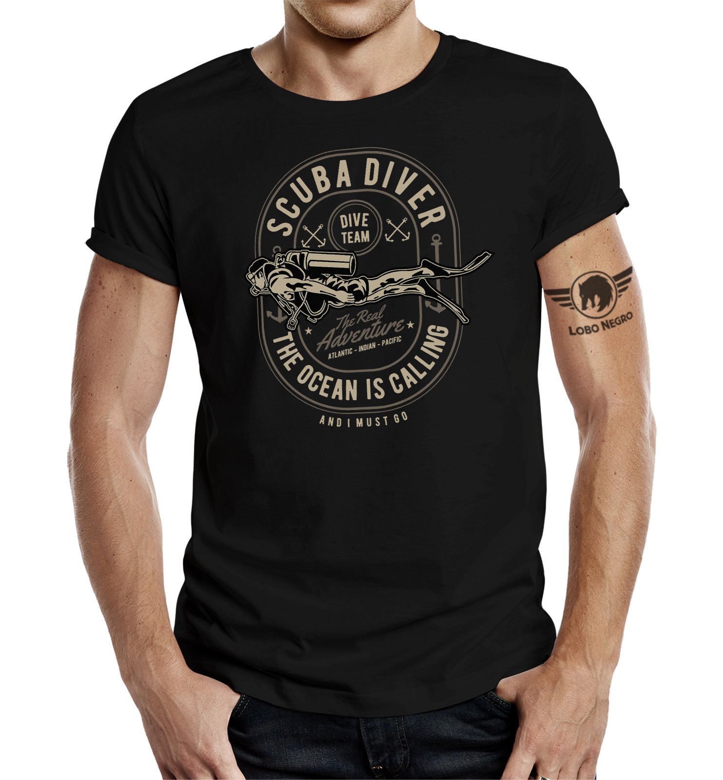 LOBO NEGRO Original Design, T-Shirt für den aktiven Taucher: Scuba Diver, The ocean is calling-and i must go