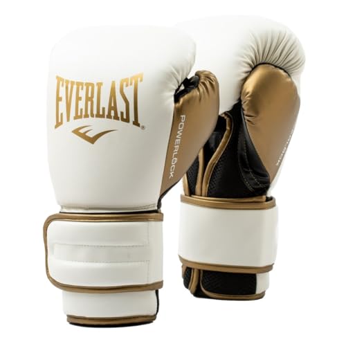 Everlast Powerlock2 Boxing Gloves White/Gold 14oz - Enhanced Performance and Style. Ideal Training Gloves for Boxing