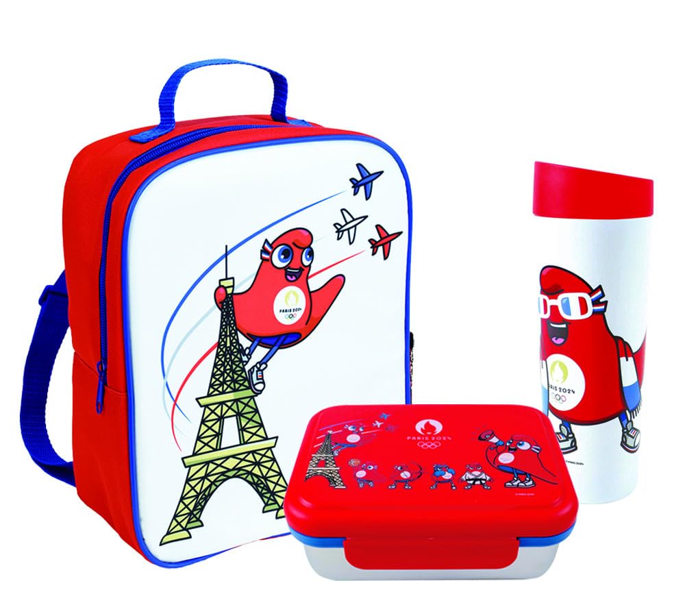 Fun House Paris 2024 Olympische Spiele, Picknick-Set, 1 Rucksack ISO 5 l, 1 ISO-Trinkflasche 350 ml und 1 ISO-Lebensmittelbox, wiederverwendbar