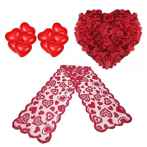 Valentinstag-Dekorationsset, 2000 Stück Rosenblätter, 10 Stück Herz-Luftballons, "I Love You", Filz für Tischläufer für Valentinstag, Dekoration, Hochzeitstag, Verlobung, Ballons