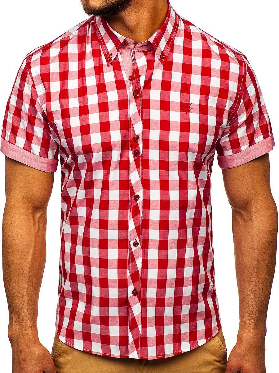 BOLF Herren Kurzarmhemd Kariert Freizeithemd Kurzärmliges Elegant Business Party Hemd Kentkragen Sommer Farbwahl Slim Fit Casual Style 6522 Rot XL [2B2]