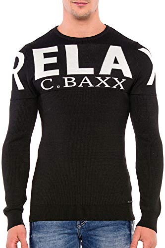 Cipo & Baxx Herren Rippenstrickpullover Strickmuster Logo Pullover Langarm Klassich Rundhalsausschnitt Sweater Sweatshirt Pulli Schwarz S