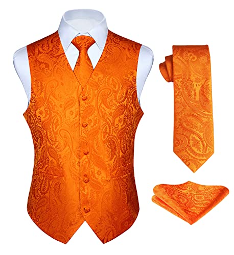 Enlision Herren Weste Orange Paisley Floral Hochzeit party Krawatte Einstecktuch Taschentuch Jacquard Weste Anzug Set