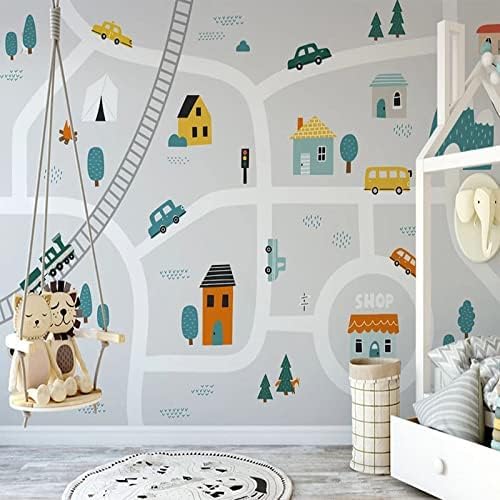 XLMING Cartoon Handgemaltes Haus Baum Straßenbahn Küche Esszimmer Arbeitszimmer Wohnzimmer TV Hintergrund Wand 3D Tapete-300cm×210cm