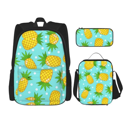 WURTON Trendige Rucksacktaschen mit frischem Ananas-Druck, Lunchbox und Federmäppchen, 3-in-1, verstellbares Rucksack-Set