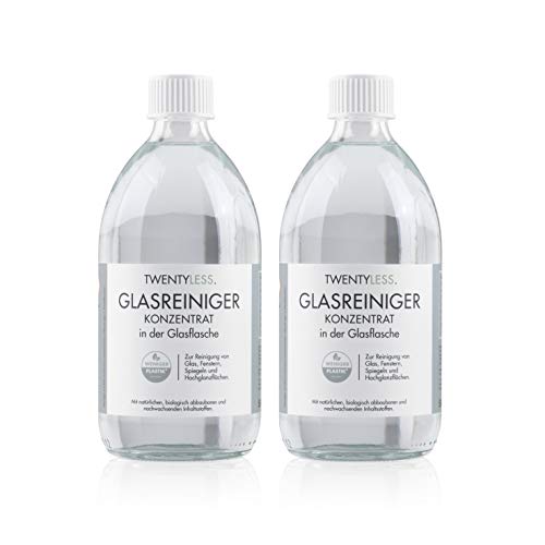 TWENTYLESS Glasreiniger 2er-Nachfüllset, Natürliches und ergiebiges Reinigungskonzentrat, Reinigungsmittel, 2 Glasflaschen je 500ml ersetzen 40 Plastikflaschen, 1000 ml