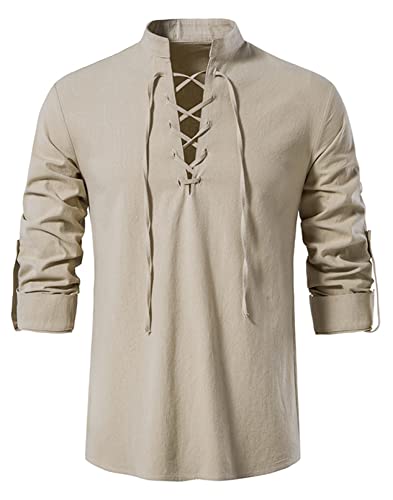 Idopy Herren Retro Lace Up Punk Renaissance Mittelalter Tops Pullover Henley Shirt, beige, XL