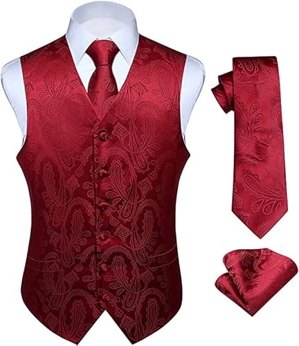 Enlision Herren Paisley Blumenhochzeit Jacquard Weste & Krawatte und Pocket Square Weste Anzug Set Burgund