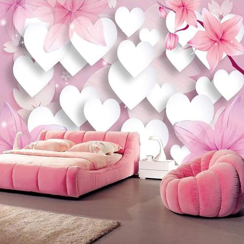 Weißes Herz Rosa Blume 3D Tapete Poster Restaurant Schlafzimmer Wohnzimmer Sofa TV Dekorative Wand-400cm×280cm