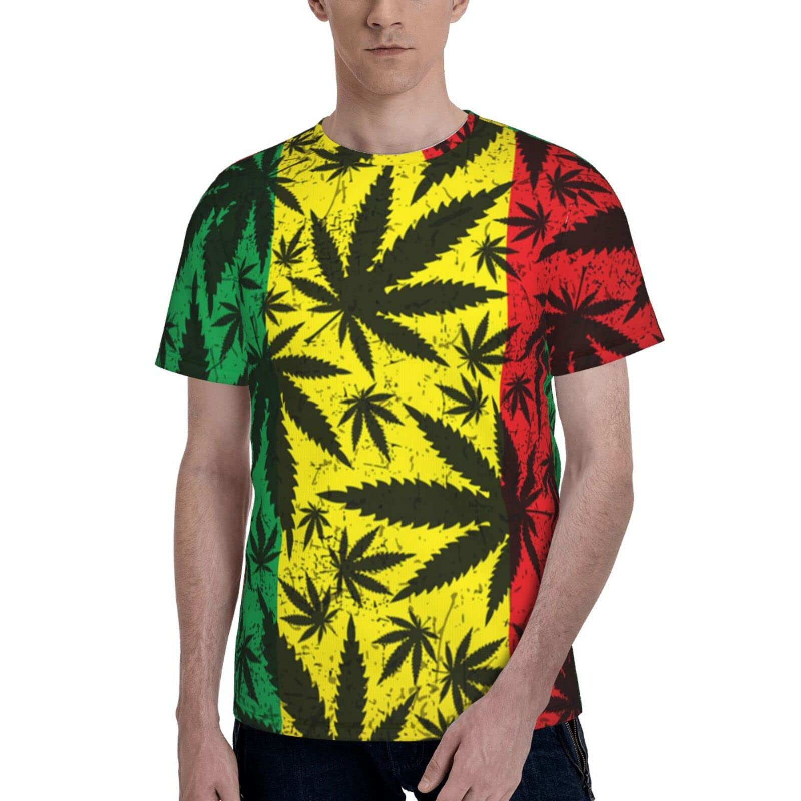 T-Shirt für Herren, 3D-Cannabis-Blatt auf Grunge, Rastafarian, Rundhalsausschnitt, Fitnessstudio, T-Shirt, modisches Sweatshirt, Schwarz , 3XL