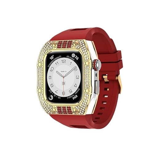 KANUZ Luxuriöses Diamantgehäuse-Modifikationsset für iWatch 8, 7, 6, SE, 5, 4, Gummiband, 44 mm, 45 mm, für Apple Watch, Metallbeze-Uhrenarmband (Farbe: Diamond-Rot-SGR, Größe: 44 mm)