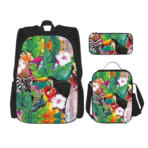 WURTON Rucksack mit tropischen Vögeln und Pflanzenblättern, für Mädchen, Jungen, Schultaschen, Teenager, Lunchbox und Federmäppchen, 3-in-1-Büchertaschen-Set