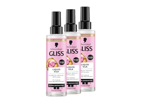 Gliss Express-Repair-Spülung Liquid Silk (3x 200 ml), Haarspülung für außergewöhnlich weiches Haar, Pflegespülung mit Hitzeschutz bis zu 230 °C