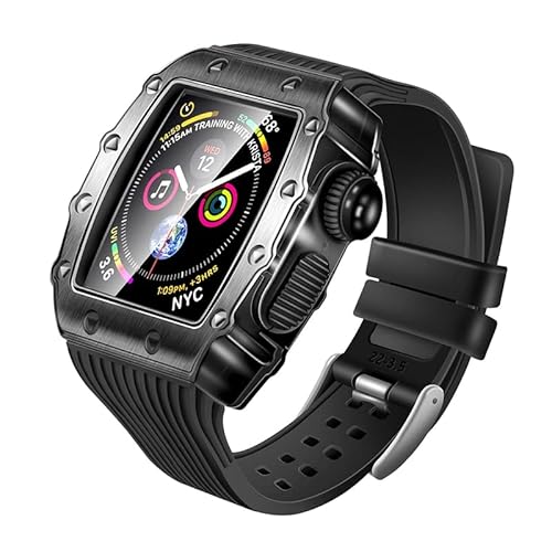 TONECY Luxuriöses Metallgehäuse für Apple Watch Serie 8, 41 mm, 45 mm, Gummi-Gürtel-Armband-Modifikationsset für iWatch 8, 7, 6, 5, 4, SE, 40 mm, 44 mm (Farbe: Preto, Größe: 44 mm)