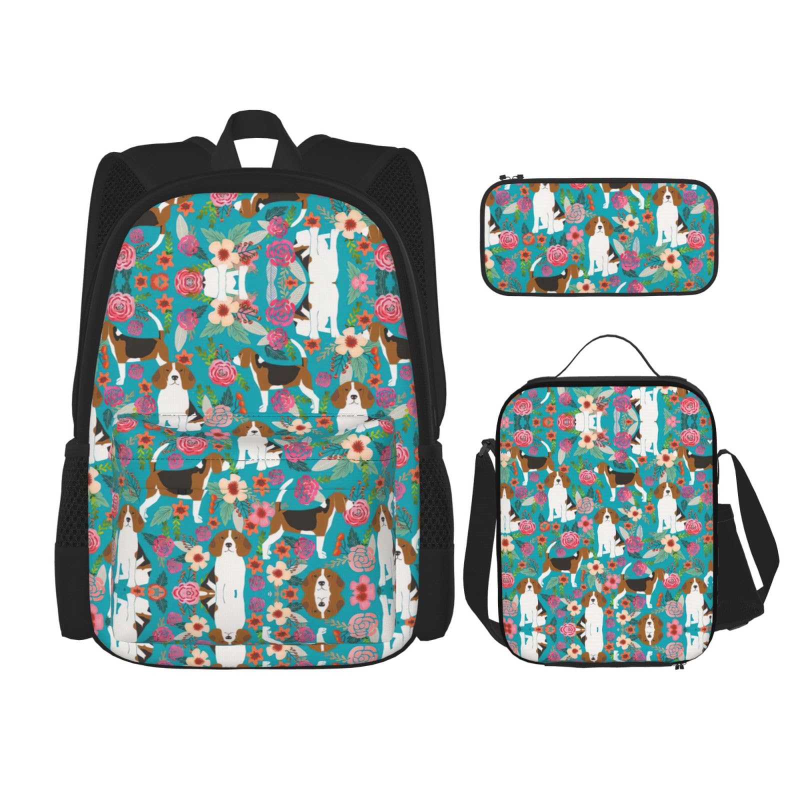 WURTON Sweet Basset Hound Florals Print Lunchbox Federmäppchen Rucksack Set 3 Stück verstellbare Träger langlebig leicht, Schwarz, One Size