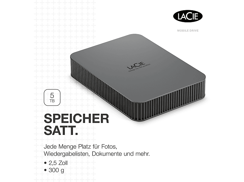 LACIE Mobile Drive Secure externe, tragbare Festplatte, 5 TB HDD, 2,5 Zoll, extern, Space Grey