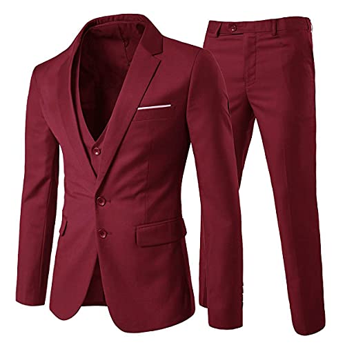 Anzug Herren Slim Fit 3 Teilig Anzüge Herrenanzug Sakko für Hochzeit Business Weinrot XX-Large