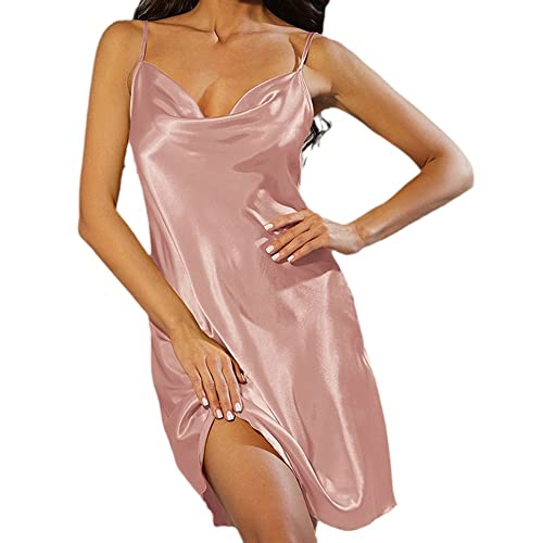 BANLUX Damen Nachthemd - Weibliches Satin-Nachthemd Sexy Pyjamas Damen Seidenträger Nachthemd Schlafkleid Seide V-Ausschnitt Nachtwäsche Einfarbige Nachtwäsche,Pink,S