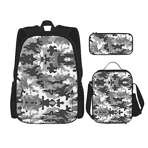 WURTON Digitaler Camouflage-Druck, 3-in-1-Sets, lässig, verstellbar, Schulter-Rucksack, Lunch-Tasche, Federmäppchen, Beutel, Schwarz, Einheitsgröße