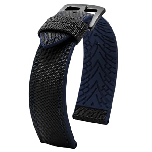 THBGTCNQ 20 mm 22 mm 24 mm Uhrenarmband aus Nylon mit Silikonunterseite for Herren, weiches, wasserdichtes Gummiarmband, Zubehör for herkömmliche Uhren und Smartwatches(Black blue02,24mm)