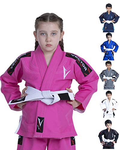 Vector Kinder Brasilianischer Jiu Jitsu BJJ Gi mit weißem Gürtel aus 100% Baumwolle, Perlengewebt, sehr leicht, vorlaufgeschützt, Rose, K0