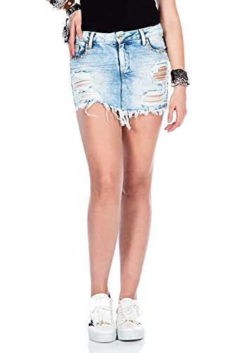 Cipo & Baxx Damen Jeansrock Mini Kurz Denim Destroyed Nieten Used Rock WY117 Hellblau W25