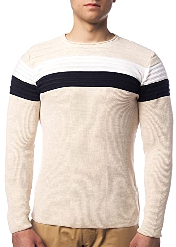 Herren Feinstrick-Pullover für Winter und Übergang by Carisma • Herren Longsleeve mit Streifen • Herren Langarmshirt Herren Sweatshirt Pulli Langarm K-128 Beige XL