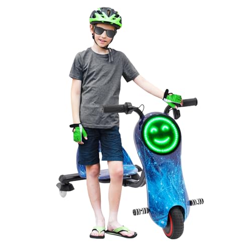 Elektro Kinder Drifting Scooter Drift Trike 3 Geschwindigkeitsstufen 360 Grad mit Bluetooth und LED-Anzeige Beleuchtung Max. 50kg 180W Drift Dreirad Verstellbare Karosserie für Spielplätzen