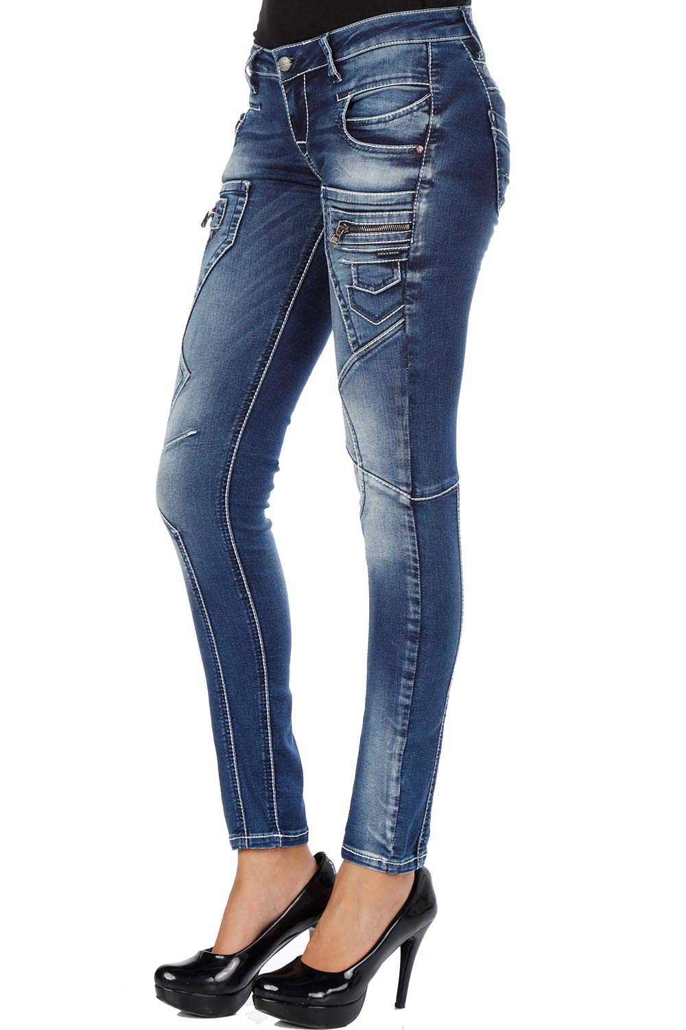 Cipo & Baxx Damen Jeans Hose Slim Leg Destroyed Pants Women Denim Hose WD200B Blau W30 L32