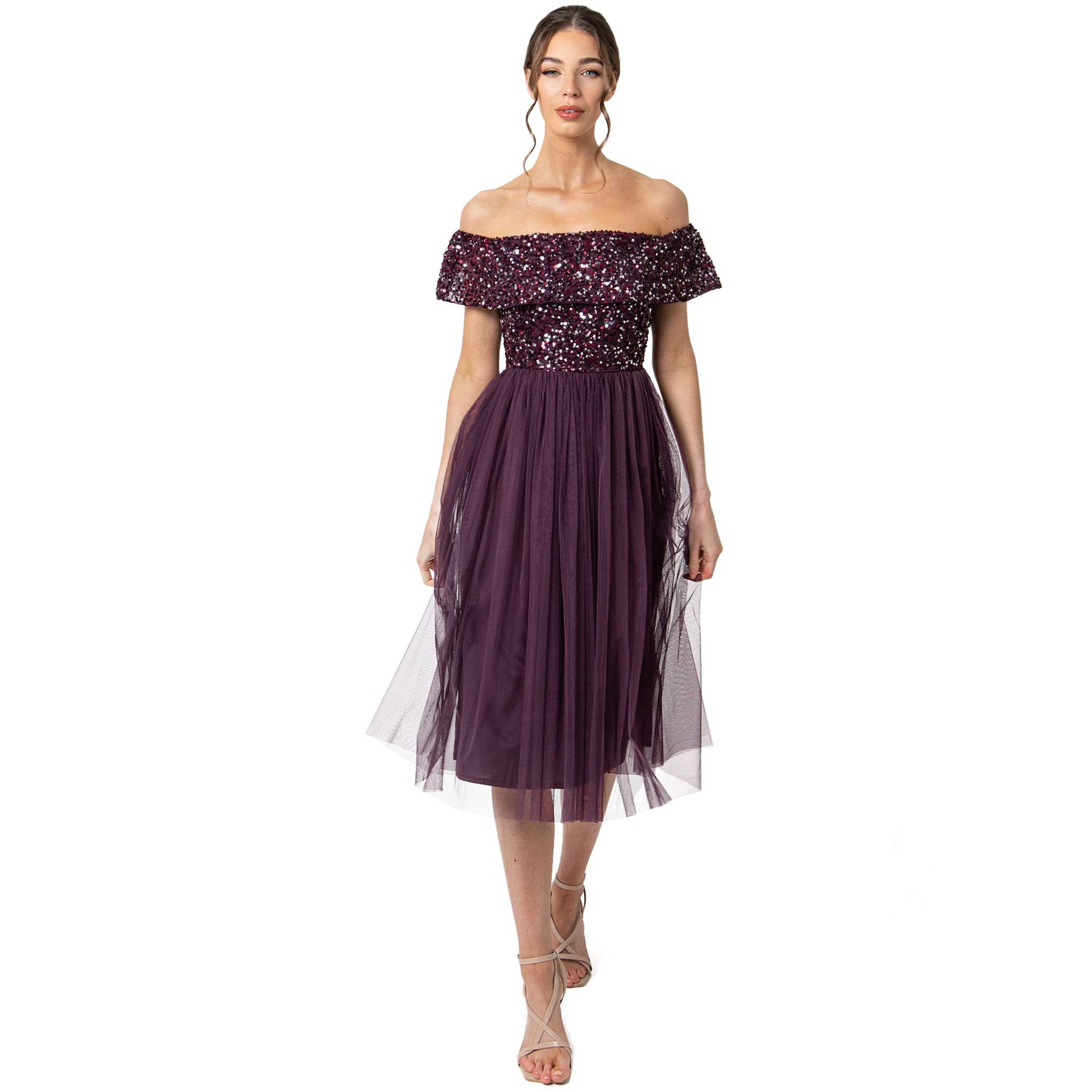 Maya Deluxe Damen Maya Deluxe Bardot Embellished Midi Bridesmaid Dress, Berry, Gr. 40 EU