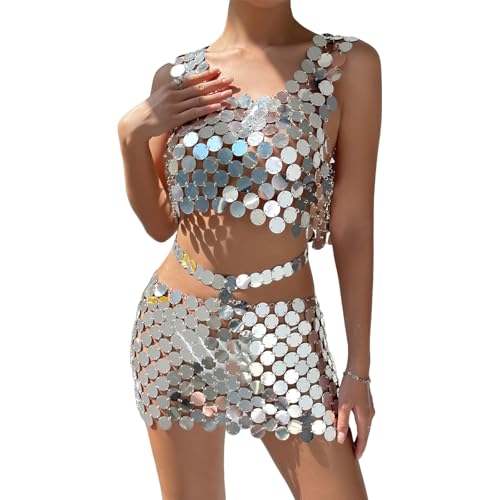 SOUTHJIELING Funkelndes Pailletten-Set für Damen, modisches bauchfreies Tanktop und Taillenkette, Rock, Körperschmuck, Outfit für Strandpartys