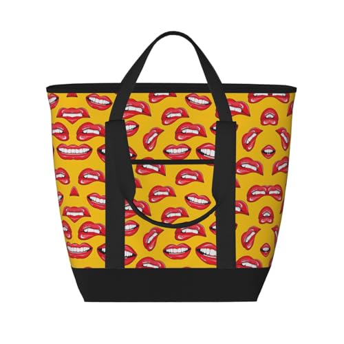 YQxwJL Tragetasche mit Aufschrift "Smiling and Biting Her Red Lips", großes Fassungsvermögen, isolierte Lunchtasche, wiederverwendbare Einkaufstasche mit Reißverschluss für Damen und Herren