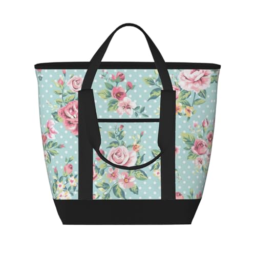 YQxwJL Isolierte Lunchtasche, wiederverwendbare Einkaufstasche mit Reißverschluss, Motiv: rosa Rosen und Blumen, für Damen und Herren