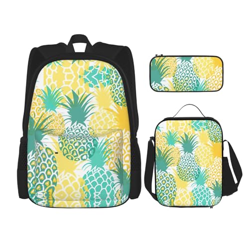 WURTON Rucksack mit tropischem Ananas-Druck, für Mädchen, Jungen, Schultaschen, Teenager, Lunchbox und Federmäppchen, 3-in-1-Büchertaschen-Set