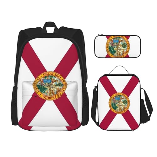 WURTON Florida State Flag Print Schulter Rucksack 3 in 1 Büchertasche Set Lunchbox Federmäppchen Reise Laptop Tagesrucksäcke, Schwarz, Einheitsgröße, Schwarz, Einheitsgröße, Schwarz , Einheitsgröße