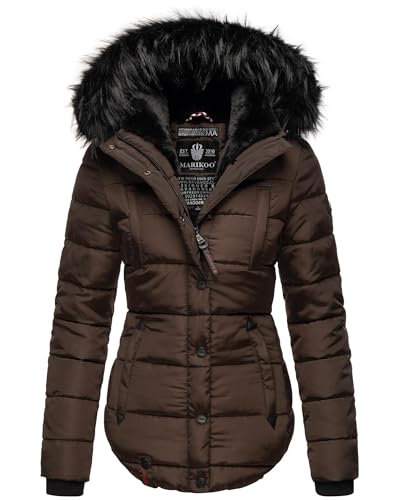 MARIKOO warme Damen Winter Jacke Winterjacke Steppjacke gefüttert Kunstfell B618 [B618-Lotus-Dark-Choco-Gr.XS]