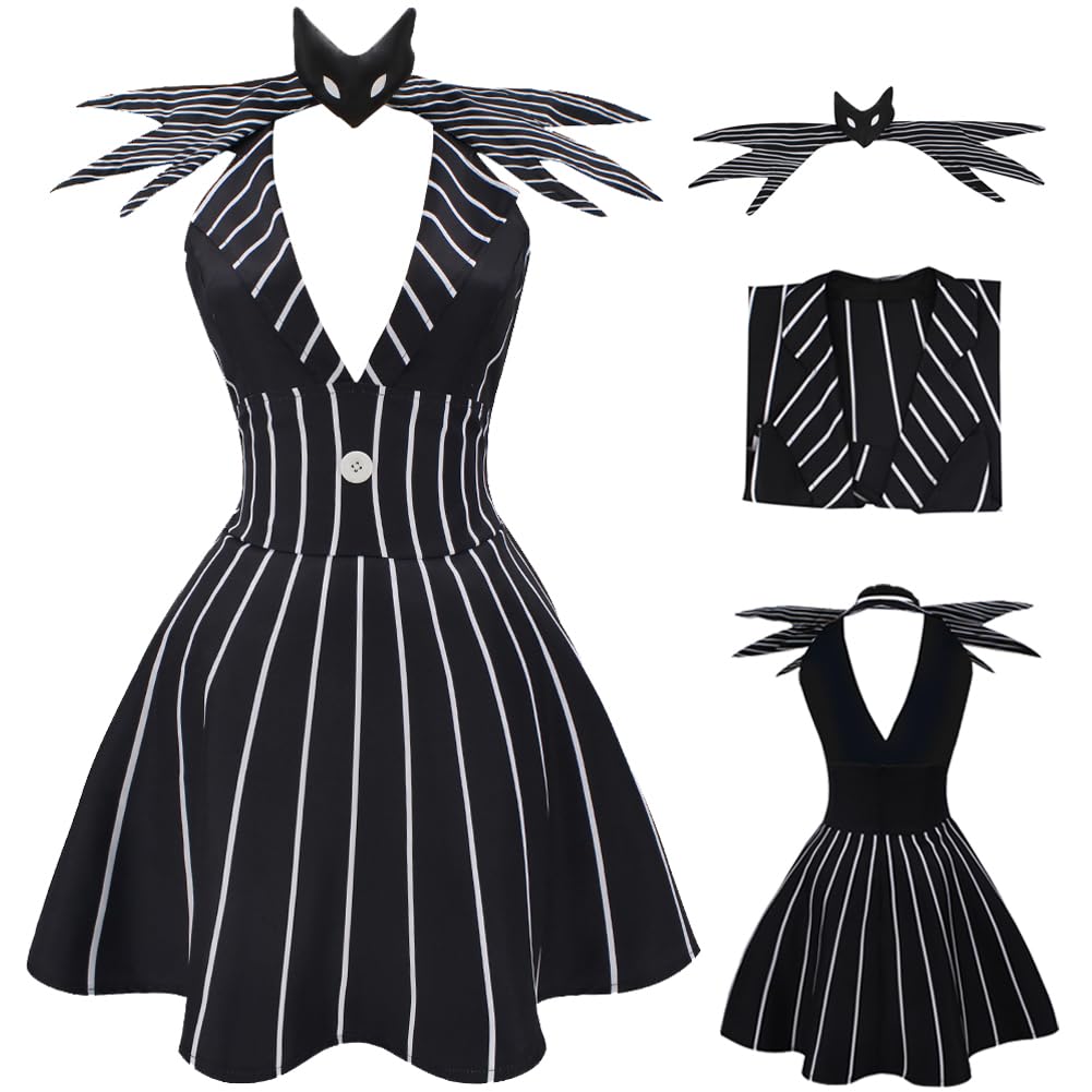 AYYOHON Damen-Weihnachtskleid, Albtraumkleid, Jack, Cosplay-Kostüm für Erwachsene, gestreiftes A-Linien-Kleid mit Fliege, Halloween-Uniform, Größe XXL