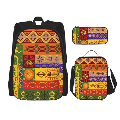 WURTON Schulrucksack mit afrikanischem National-Muster, 3-in-1, Büchertasche, Set mit Lunchbox, Federmäppchen, Reise, Laptop, Tagesrucksack