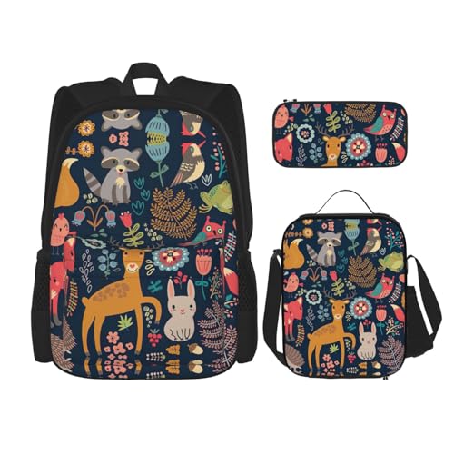 WURTON Schulrucksack-Set mit Eulen-, Kaninchen-, Vogel-, Fuchs-Aufdruck, 3-in-1, Büchertaschen-Set mit Lunchbox, Federmäppchen, Reise-Laptop-Tagesrucksäcke