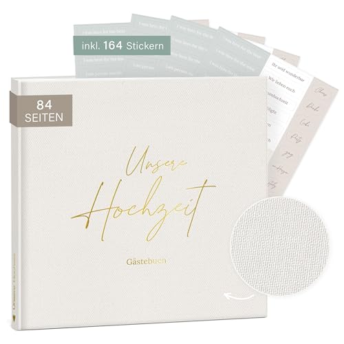 mintkind® Gästebuch Hochzeit zum Ausfüllen Offwhite inkl. 4 Stickerbögen | 84 Seiten zum kreativen Gestalten | Hochzeitsgeschenke für Brautpaar als Hochzeit Deko | Goldene Hochzeit Silber Hochzeit