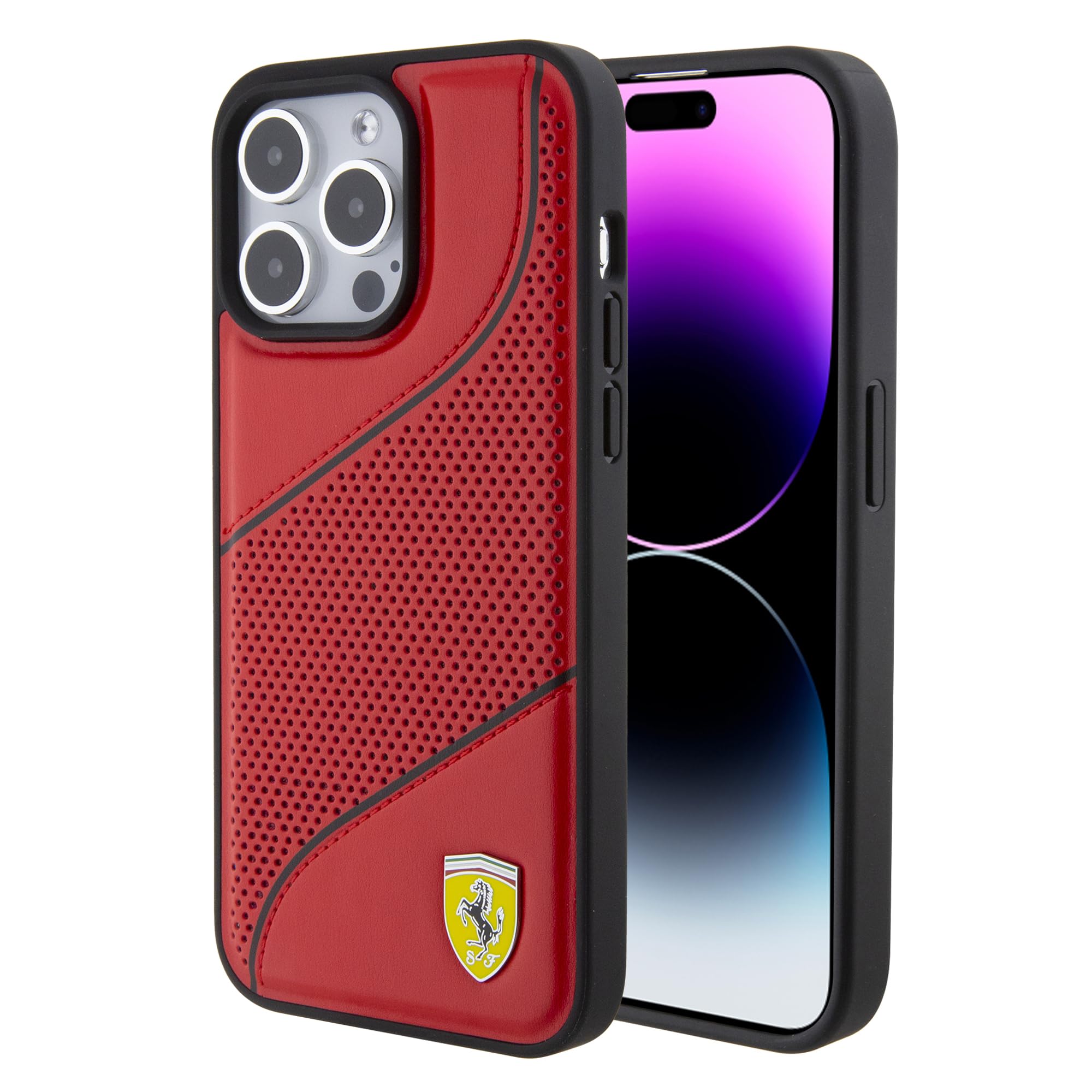 CG MOBILE Ferrari Handyhülle Kompatibel mit iPhone 15 Pro Max in Rot Schräge Perforation PU Leder Anti-Scratch Glatt Schutzhülle mit Easy Snap-on, Stoßdämpfung & Signature Logo