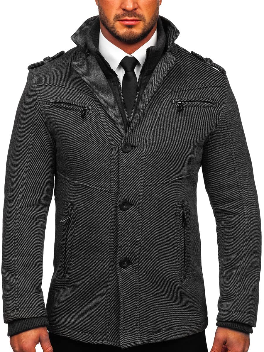 BOLF Herren Wintermantel Kurzmantel Winterjacke Trenchcoat Mäntel Übergangsmantel Übergangsjacke Stehkragen Reverskragen Wollmischung Elegant Business Warm Gefüttert 88803 Grau XL [D4D]