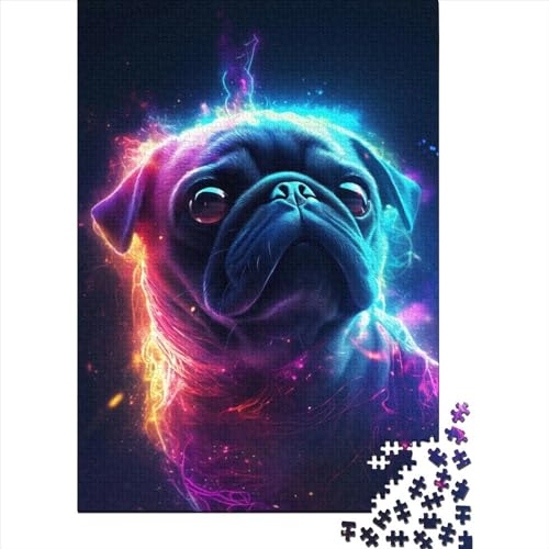 Kunstpuzzle für Erwachsene, 500 Teile, Neon-Mops, lustige Puzzles für Erwachsene, 500-teiliges großes Holzpuzzle für Erwachsene (Größe 20,47 x 14,96 Zoll)