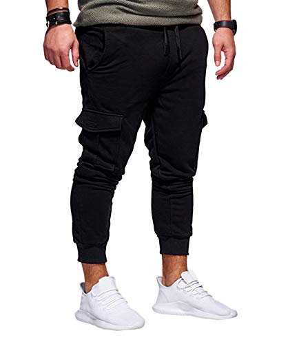 SOMTHRON Herren Elastische Taille Gürtel Baumwolle Jogging Sweat Hosen Plus Size Mode Lange Sports Cargo Hosen Shorts mit Taschen Joggers Activewear Hosen-BL-L