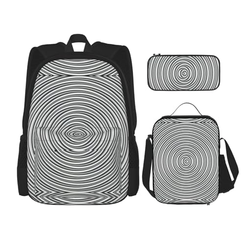 WURTON Optischer Spin Illusion-Druck, trendige Rucksacktaschen, Lunchbox und Federmäppchen, 3-in-1 verstellbares Rucksack-Set, Schwarz, Einheitsgröße, Schwarz , Einheitsgröße