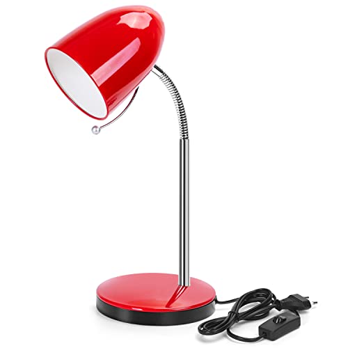 Aigostar Schreibtischlampe Kinder Retro， Ohne Glühbirne， Passend für E27 Modell LED Glühbirne (Max 11 W)，Flexibler Metallarm， 1，5 m Kabel mit Schalter，Nachttischlampe，Tischlampe， Leselampe，Rot