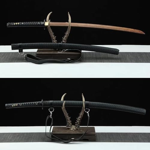 MAUXpIAO Katana aus natürlichem Palisanderholz mit massivholzumwickelter Lederscheide, 105 cm, komplett schwarze Bokken-Samurai-Schwerter aus Holz für Kendo-Training, Heimdekoration, Cosplay, Sammeln