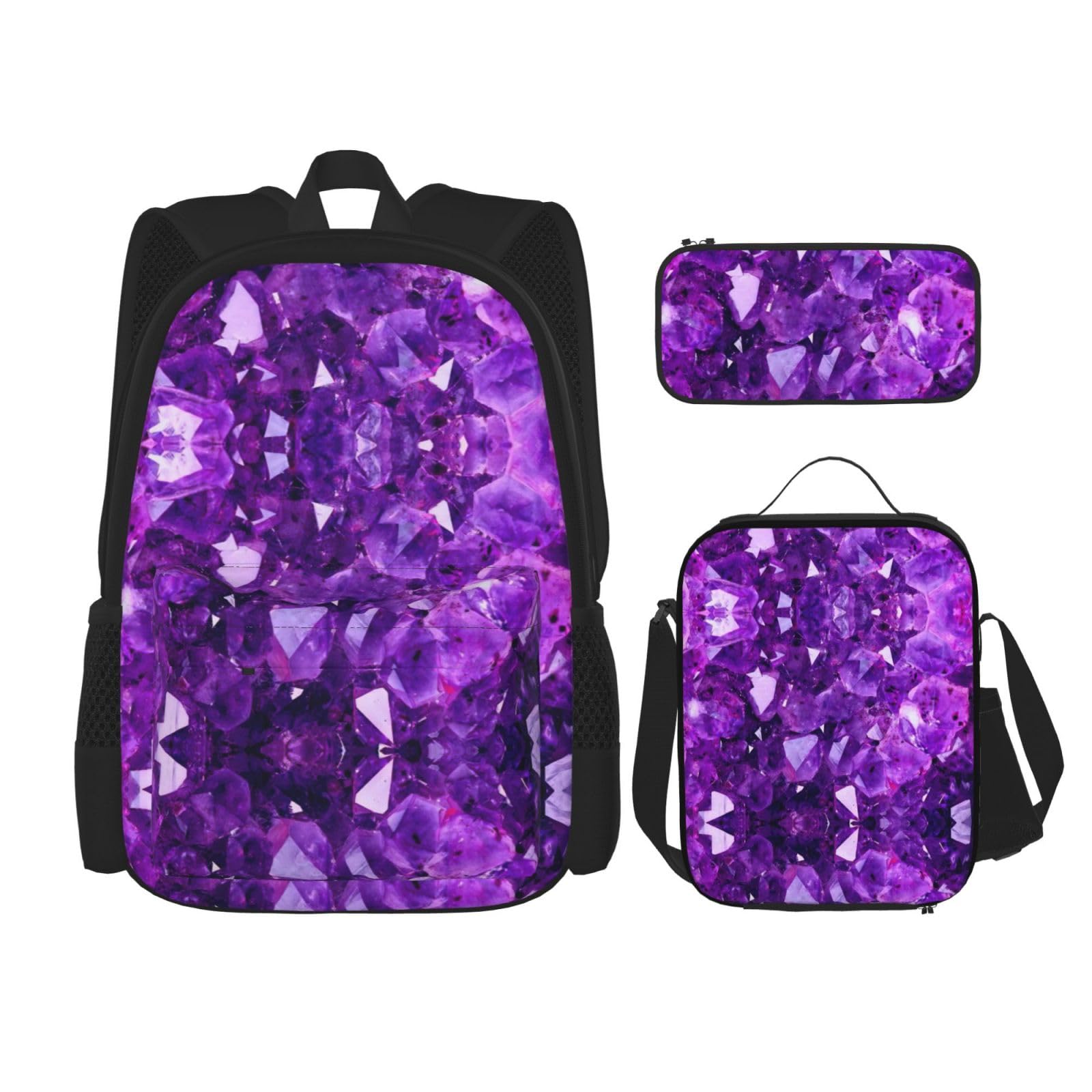 WURTON Pink Crystal Diamond Print Schulrucksack 3 in 1 Büchertasche Set mit Lunchbox Federmäppchen Reise Laptop Daypacks